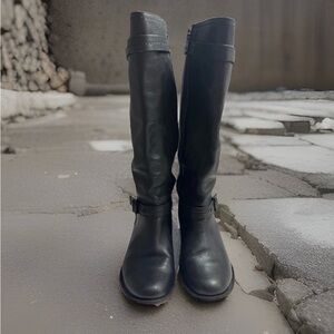 FRYE Carmen Black Leather Zip Equestrian Riding Moto Heel Knee High Boots Sz 7